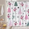 Christmas Snowman Shower Curtain Pink Plaid Xmas Tree Cute Bow Cartoon Snowman Snowflake Funny Winter Holiday Bathroom Decor