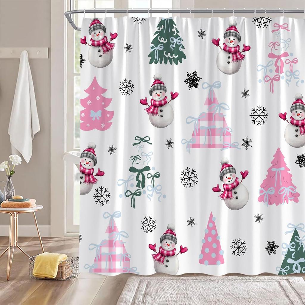 Christmas Snowman Shower Curtain Pink Plaid Xmas Tree Cute Bow Cartoon Snowman Snowflake Funny Winter Holiday Bathroom Decor