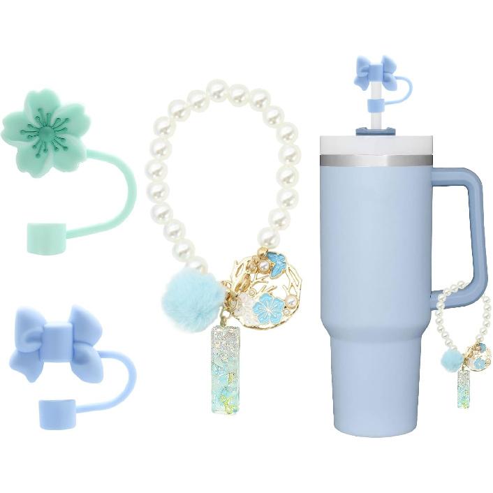 4Pcs cute blue straw toppers for stanley cups,Letter Charm Accessories for Stanley Cup,Name ID Initial Letter for Stanley 30&40 oz Tumbler with Letter-I