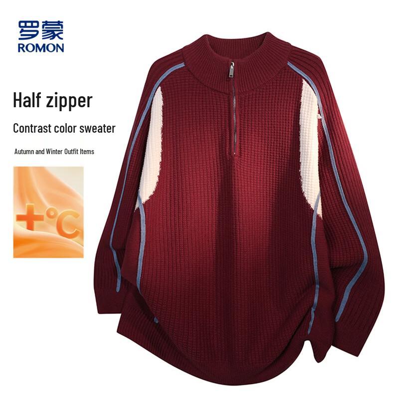 ROMON Men's Color-Block Half-Zip Casual Knit Sweater