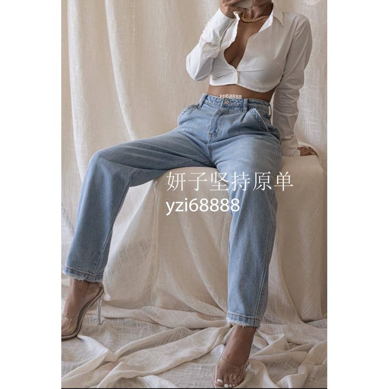 

Expensive Brand Wide Street Shot High-Waist Boyfriend Style Jeans Light Denim (large size) L