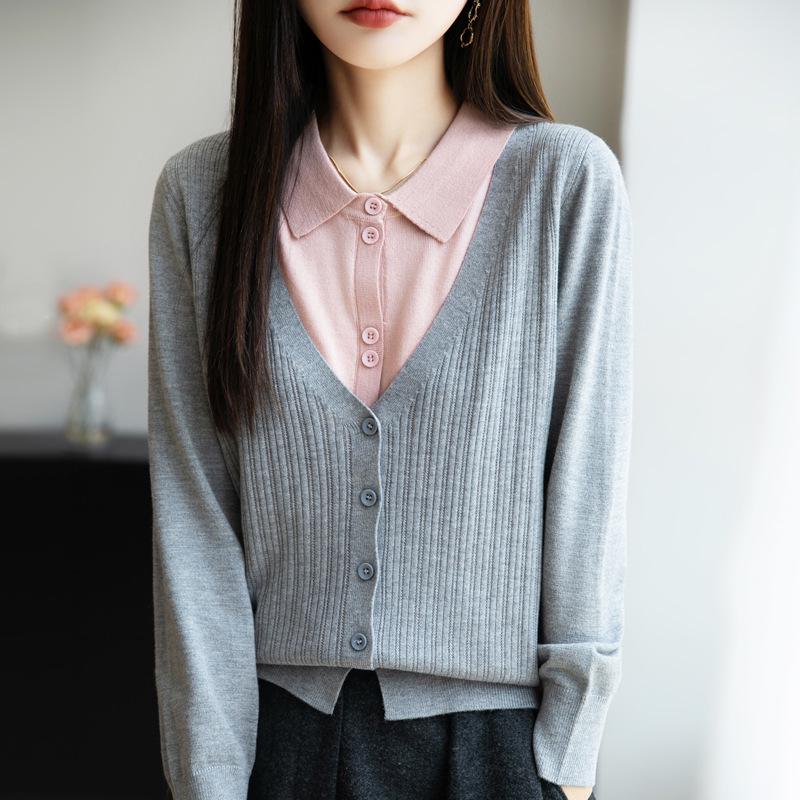 2025 A/W Women’s Loose Knit Cardigan – Polo Collar, Layered Look, Long Sleeve Outerwear