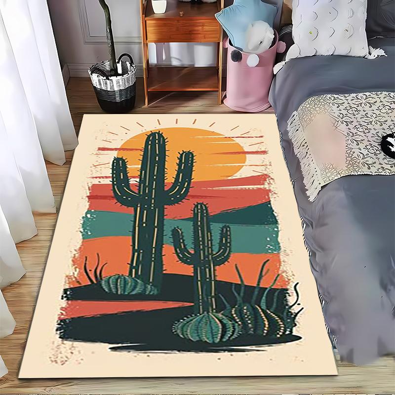 Desert Sunset Pattern Carpet with Cactus Illustration, Boho Style Rug Suitable for use as an anti-slip for living room bedroom sofas 40x60cm( 15x23in )