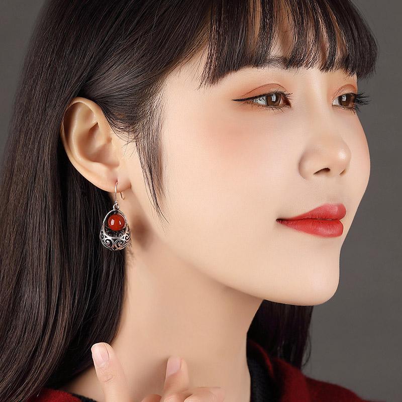 Original Designer New Ethnic Style Red Round Hollow Earrings Retro Temperament Exquisite Luxury Ladies  Jewelry