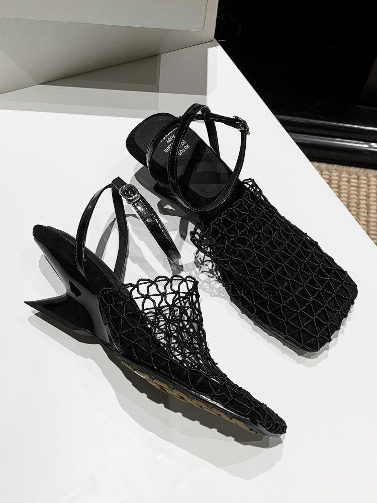 Temperament niche square head breathable woven mesh weave heel high heel sandals empty bag head hollow woven fishing net shoes