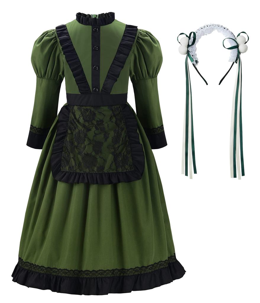 ReliBeauty Maid Costume for Halloween Princess Dress with Lace Green and Size Birthday Gift Western-Style Kids, Costume, Girls' Headband, Black, 110,