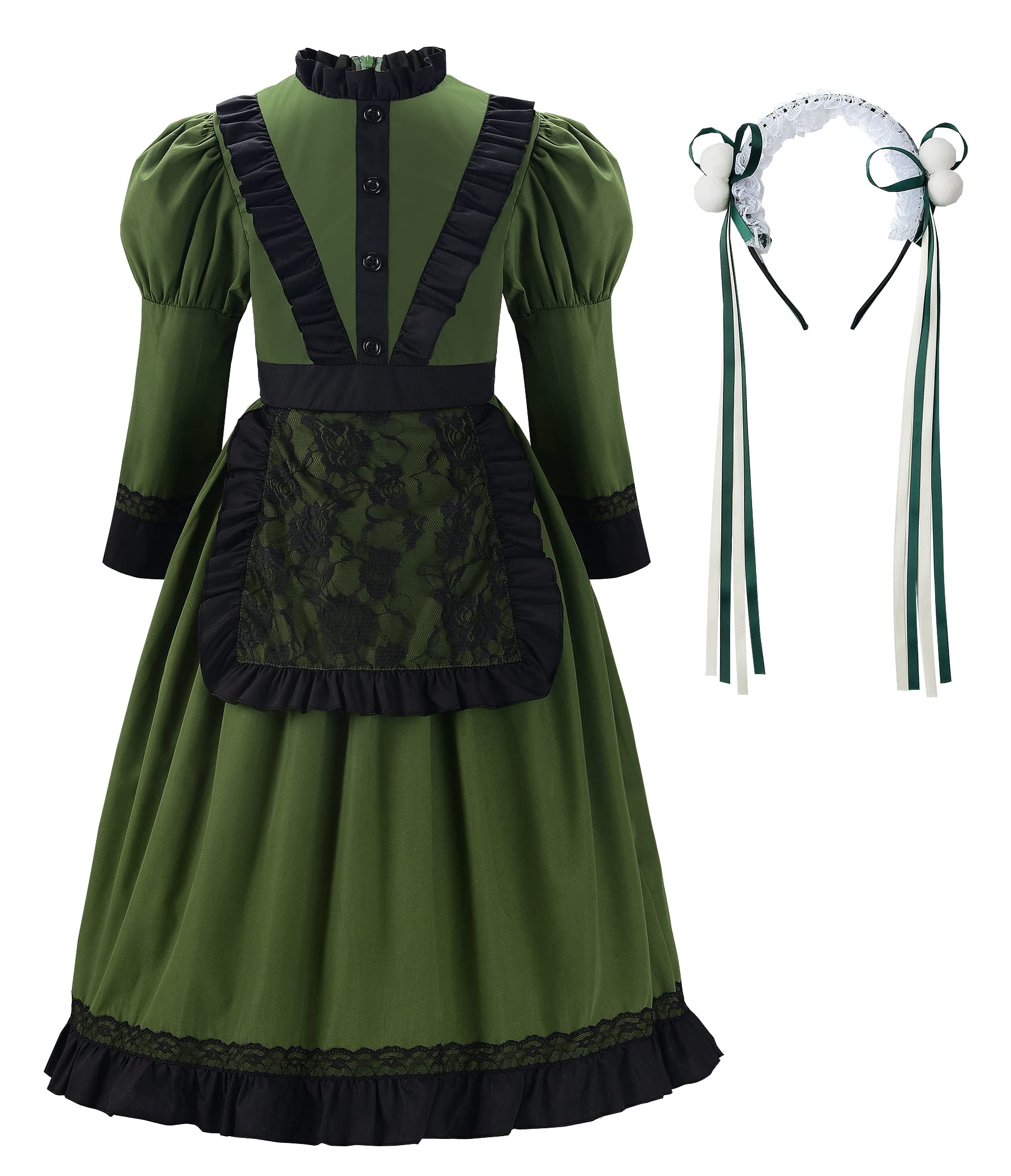 

ReliBeauty Maid Costume for Halloween Princess Dress with Lace Green and Size Birthday Gift Western-Style Kids, Costume, Girls Headband, Black, 110,