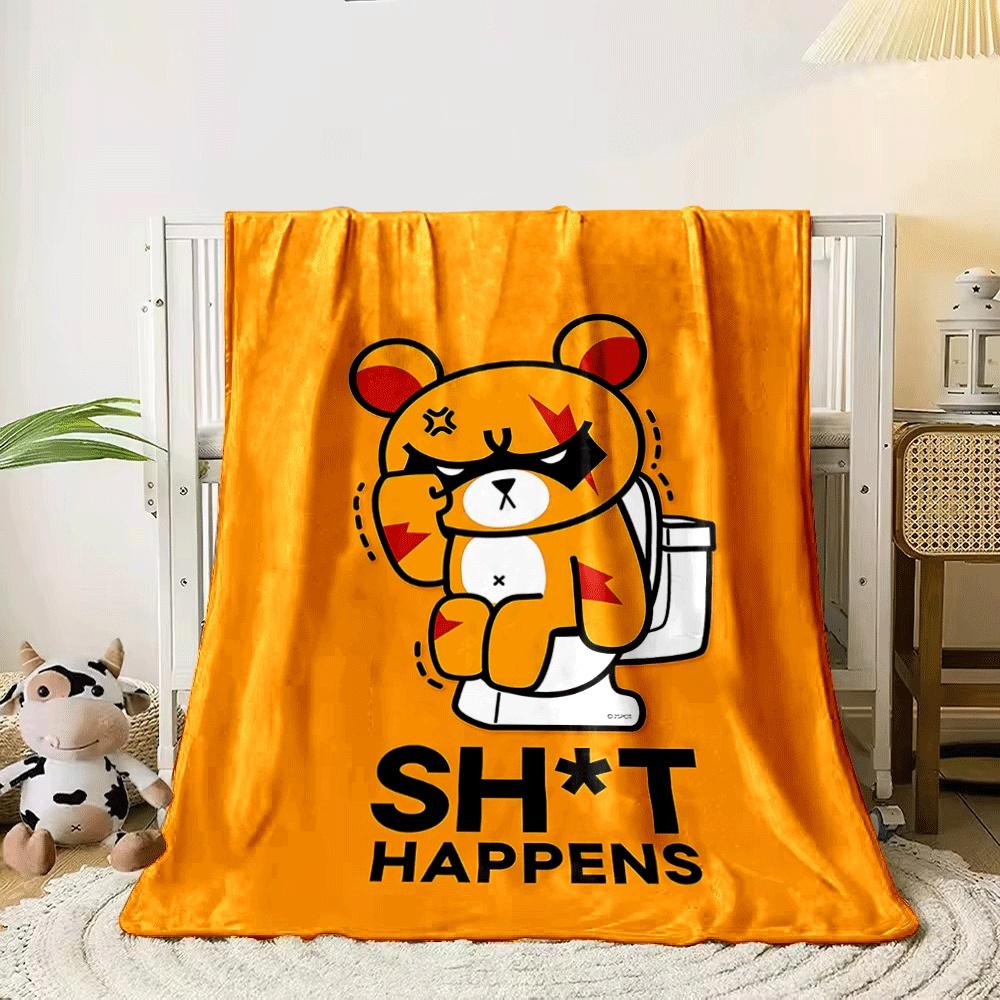 An angry cartoon bear sits on a toilet with  SH*T HAPPENS  text below. for all seasons blanket lunch break throw gift 80cm x 120cm