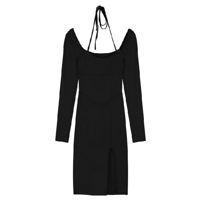 Black Split Sexy Neck Dress Women's Autumn Spice Girl Long Sleeve Slim Irregular Medium and Long Hip Wrap Skirt