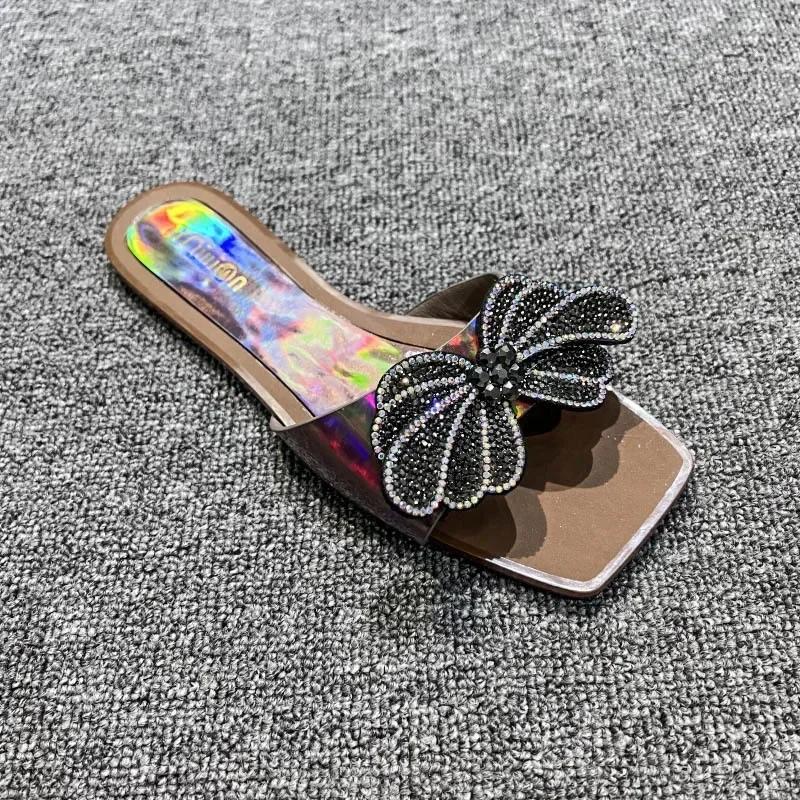 Sandals Women Flip Flops Rhinestone Flat Sandals Ladies Slippers Shoes Female Sqaure Toe Bling Party Sandalias Mujer