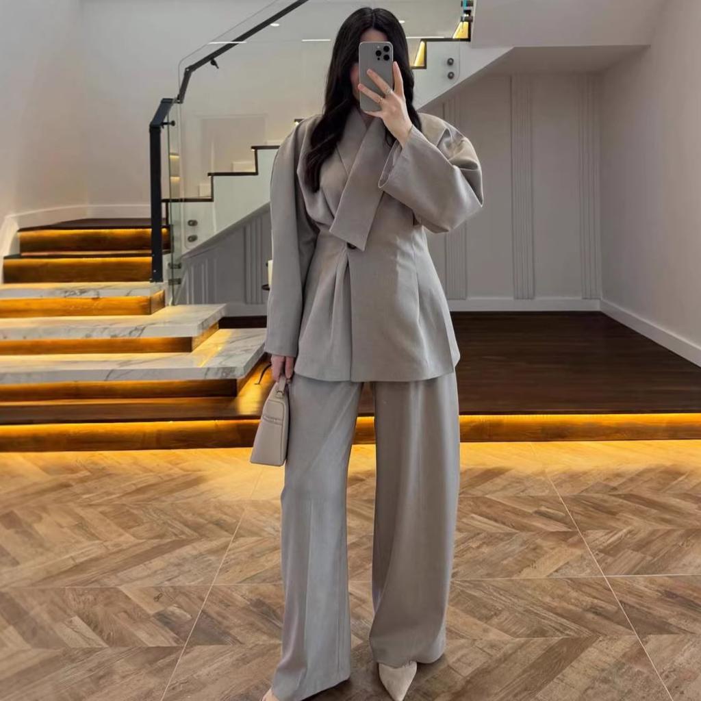 Cross-border European and American women's clothing Amazon large lapel collar temperament jacket long-sleeved wide-leg pants commuter suit
