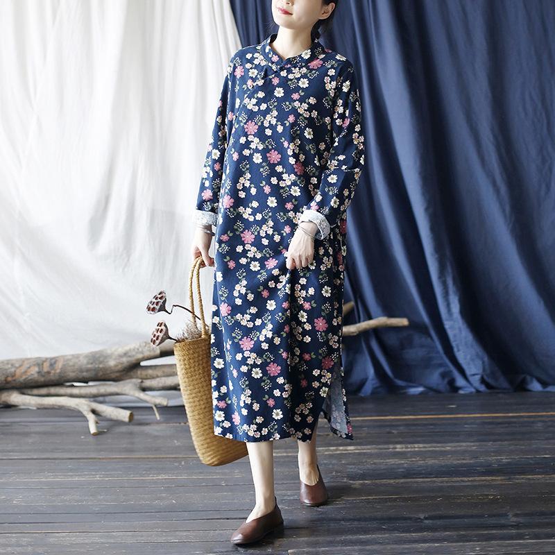Johnature Women Chinese Style Dress Stand Long Sleeve Print Floral Autumn A-Line Vintage Women Dress