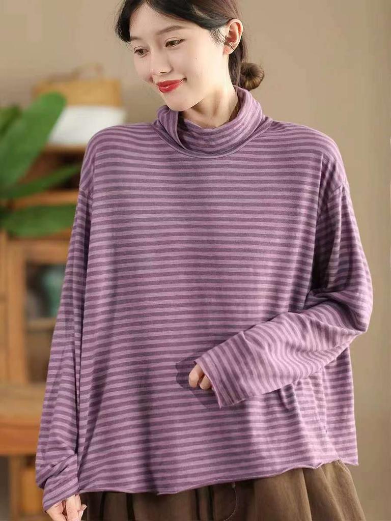 Johnature Mote Casual Vintage Stil Løs Stripe Rullekrave T-skjorte Dame Vinter Langermet Spleiset T-skjorte