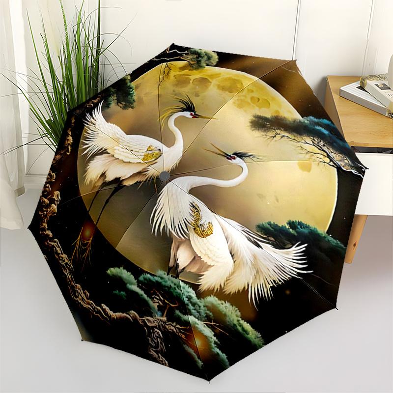 

1pc Full Moon Crane Design Automatic Opening/Closing Umbrella with Foldable Design, Iron Frame, Outdoor Use, Festival Gift, Suitable for Fans, Tr