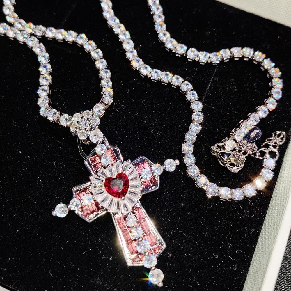 Luxury Anime Girl Heart Cross Necklace Micro Inlaid Diamond Magic Wand Pendant Stylish Collarbone Chain Gift