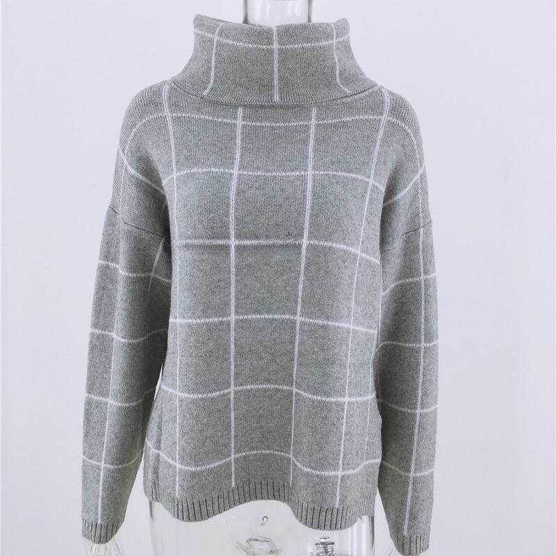 IHUASU Women's Autumn and Winter High Neck Pullover Loose Commuter Knit Sweater Plaid Fashion Jumper