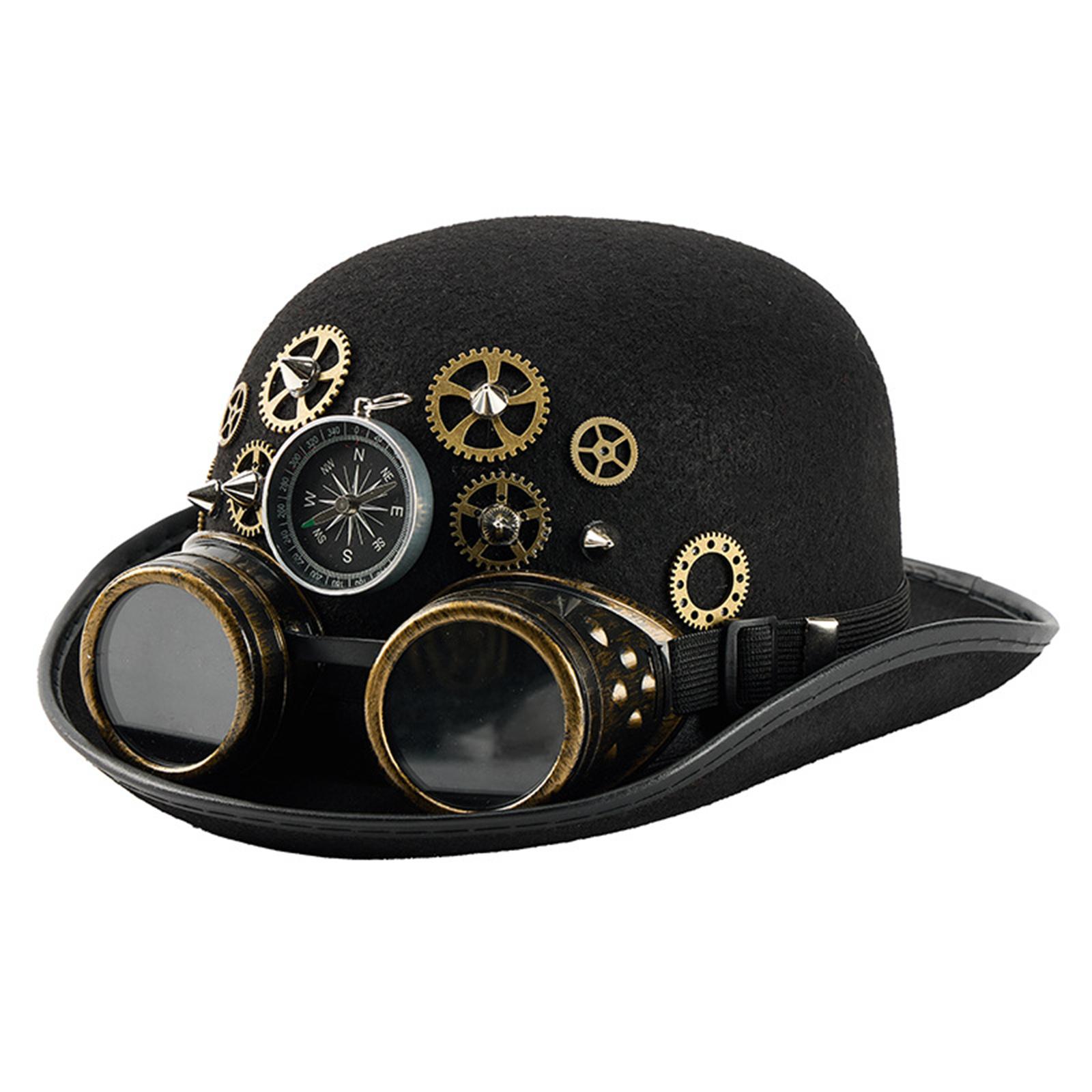 

Adjustable Unisex Oval Top Hat With Rivets Decorations and Detachable Goggles Gothic Steampunk Headwear for Adults чёрный
