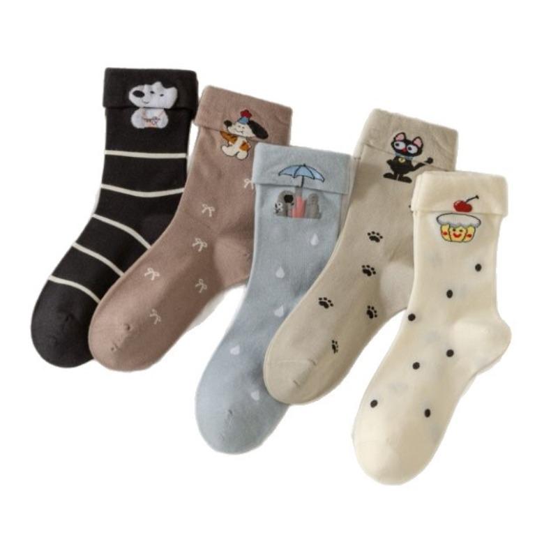 Cute Flanged Socks for Girls, Sweet Bow Mid-calf Socks, Versatile for Autumn and Winter, Cartoon Striped Student Pile Socks