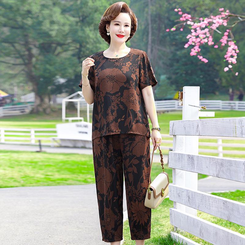 

Stylish Summer Two-Piece Set for Middle-Aged and Elderly Women: Short-Sleeved, Loose, Plus Size, Printed Top and Pants 4XL [suggested weight 130-145 kg]