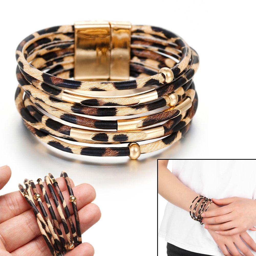 

Jewelry Women Bracelets & Bangles Magnetic Clasp Bracelet Wide Wristband Leopard Leather Bangle
