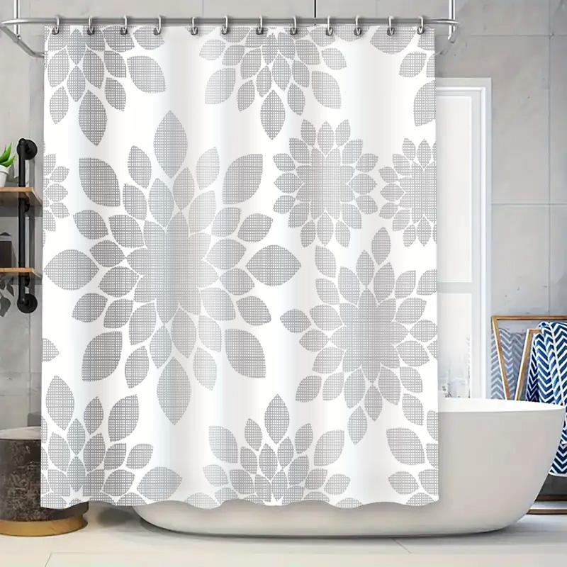 

White Grey Flower Design Shower Curtain Bath Mat Decoration Waterproof Home Decor Bathroom Accessories For Bathtub 180X243Cm (Wh W60H190(CM)-1 Pcs