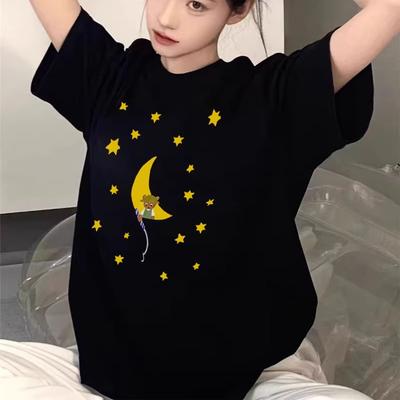 T-shirt oversize Harajuku alta qualità 200G 100% cotone Maglietta 2025 Estate divertente Stampa cartone animato T-shirt per donna Vestiti Y2k Top