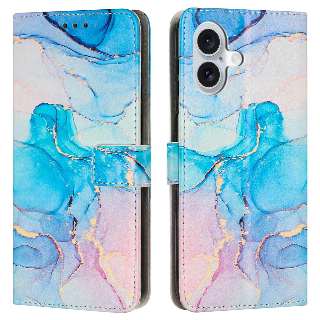 Für iPhone 16 Plus Ständerhülle Marmormuster PU-Leder Brieftasche Handyhülle mit Handschlaufe