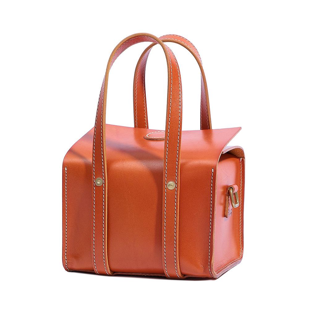 Damen-Leder-Quadrat-Handtasche pflanzlich gegerbtes Leder Retro-Stil handgenäht tragbar Teetüte echtes Leder Damen-Tasche