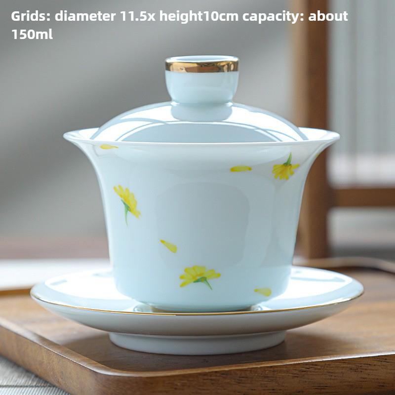 Hand-painted Cover Bowl Teacup, Single Ceramic Tea Bowl, Tea Cup, White Porcelain Three Talents Cover Bowlkung Fu Tea Set