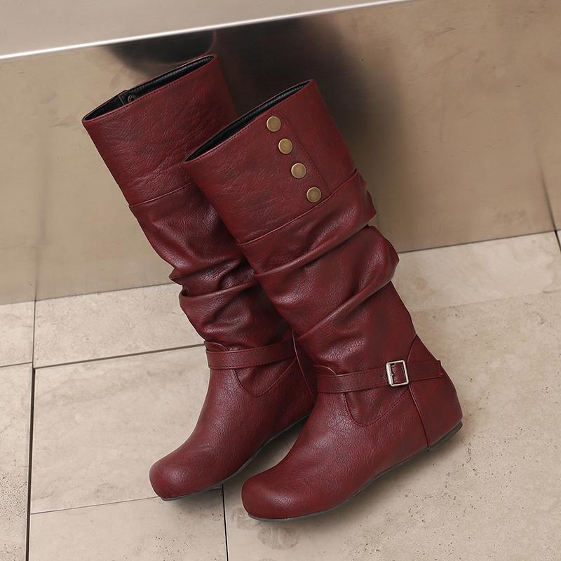 Women's flat-bottomed casual boots autumn and winter new inner height increase solid color large size medium boots