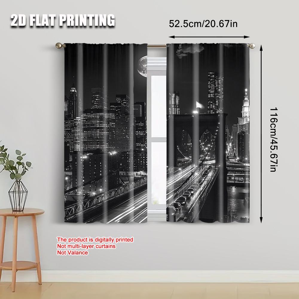 Set Of 2 Flat Printing Curtain Brooklyn Bridge Night Skyline Fabric Without Electricity Family Party Perfect Polyester Machine Washable