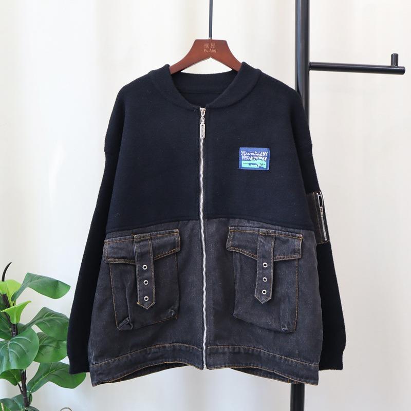 Spleiß-Denim-Strick-Doppelseitiger Cardigan Herbst und Winter Neu Lockerer Baseball-Trikot-Pullover Jacke Damen