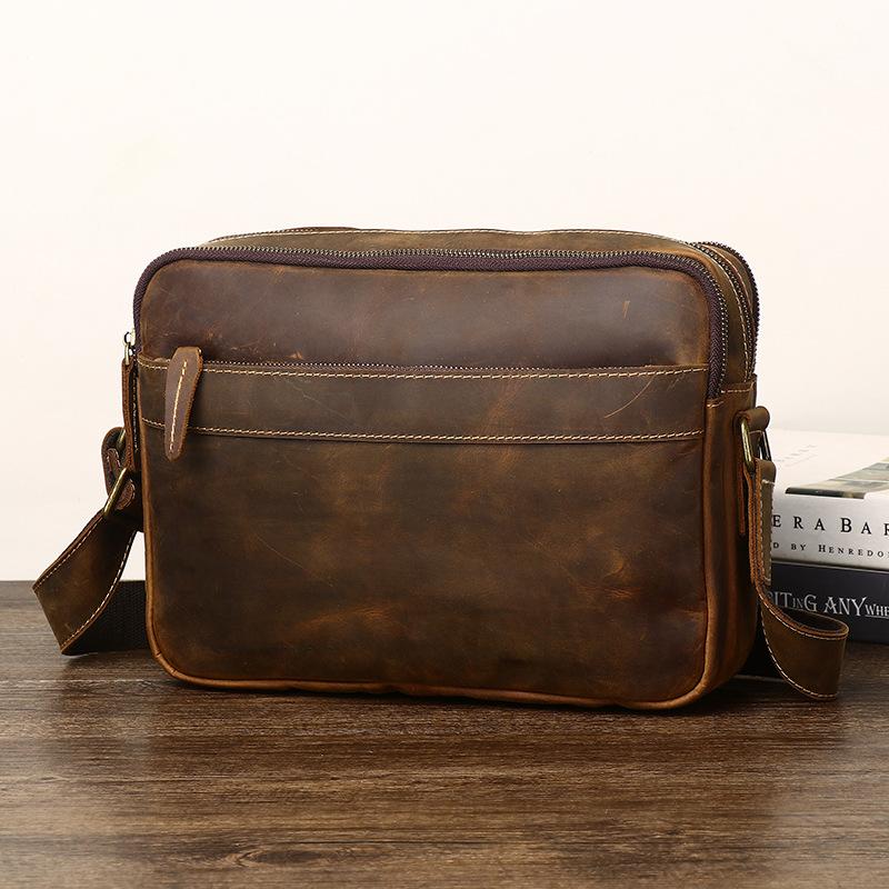 Crazy Horse Leather Men's Genuine Leather Crossbody Bag Retro Top Layer Cowhide Shoulder Bag Zipper Multi-layer Casual Trendy Men's Bag