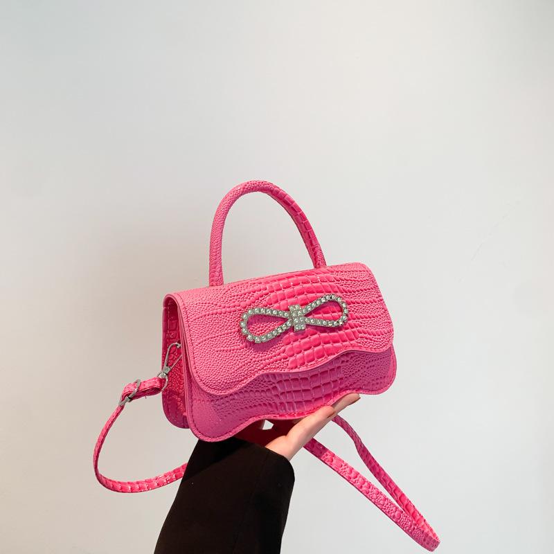 Niche design high value crocodile pattern handbag 2025 autumn new Korean version diamond-encrusted bow small square bag