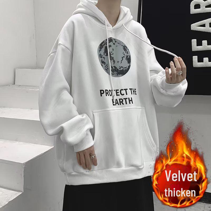 Men's Hong Kong Style Velvet-Lined Hooded Sweatshirt: Trendy, Loose-Fit, All-Match Casual Top for Fall & Winter