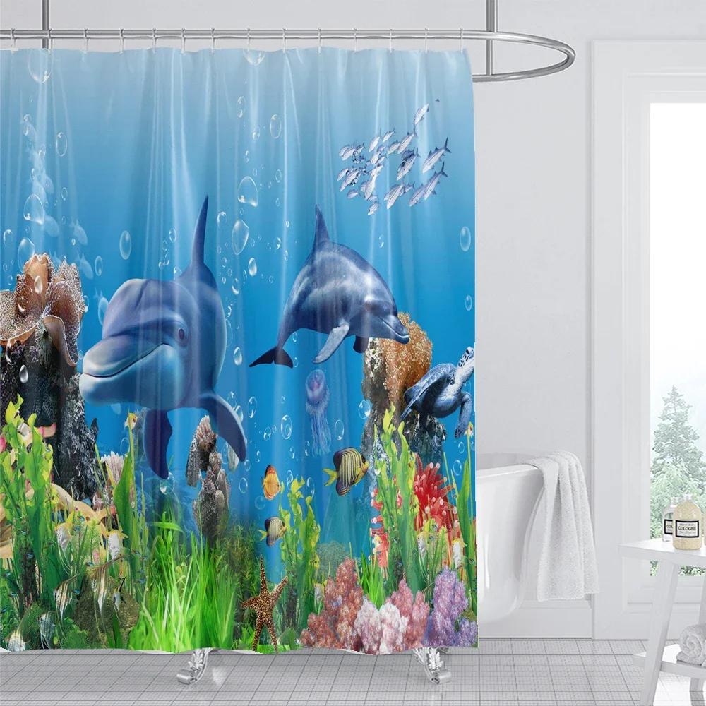 

1Pc Dolphin Shower Curtain Blue Ocean Biological Polyester Fabric Children S Ocean Theme Bathroom Decoration Shower Curtains W60H190(CM)-1 Pcs
