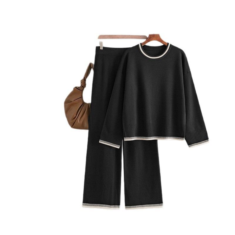Knitted casual suit women's clothing autumn and winter new contrasting colors long-sleeved crew neck fashion two-piece set