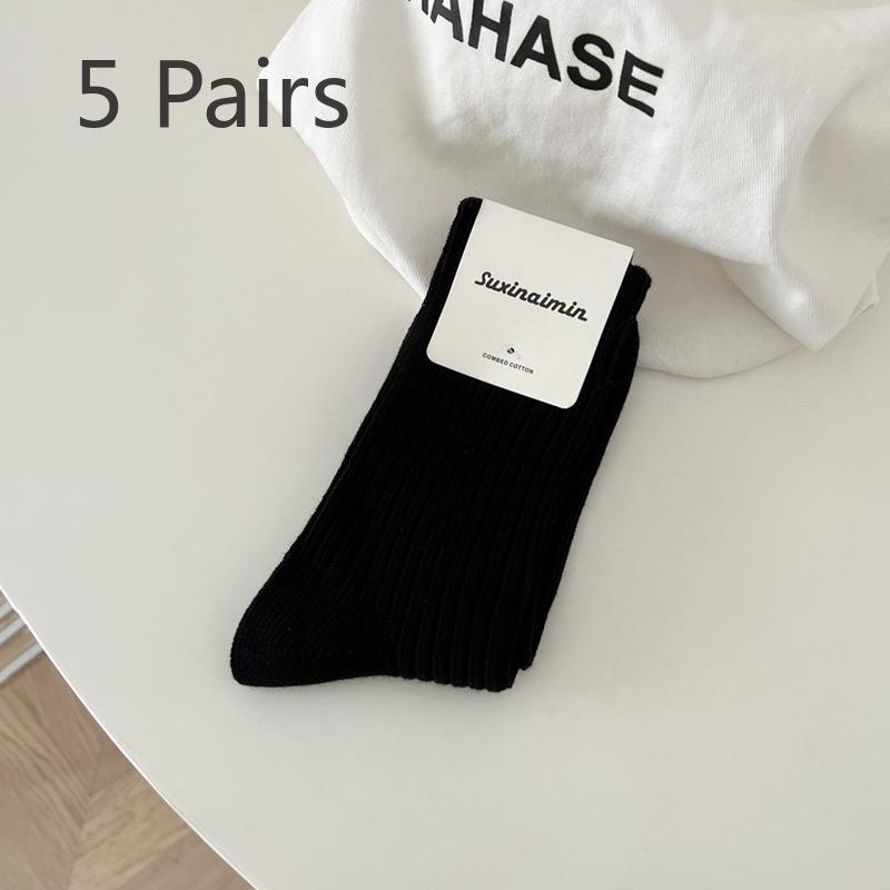 5 Pairs of Women's Spring and Autumn Versatile Slimming Vertical Striped Mid Top Stack Socks