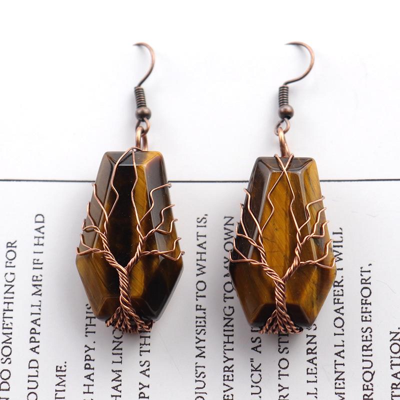 Handmade Agate Coffin Board Tree of Life Earrings - Natural Stone Crystal Dangle for Wealth and Harmony.