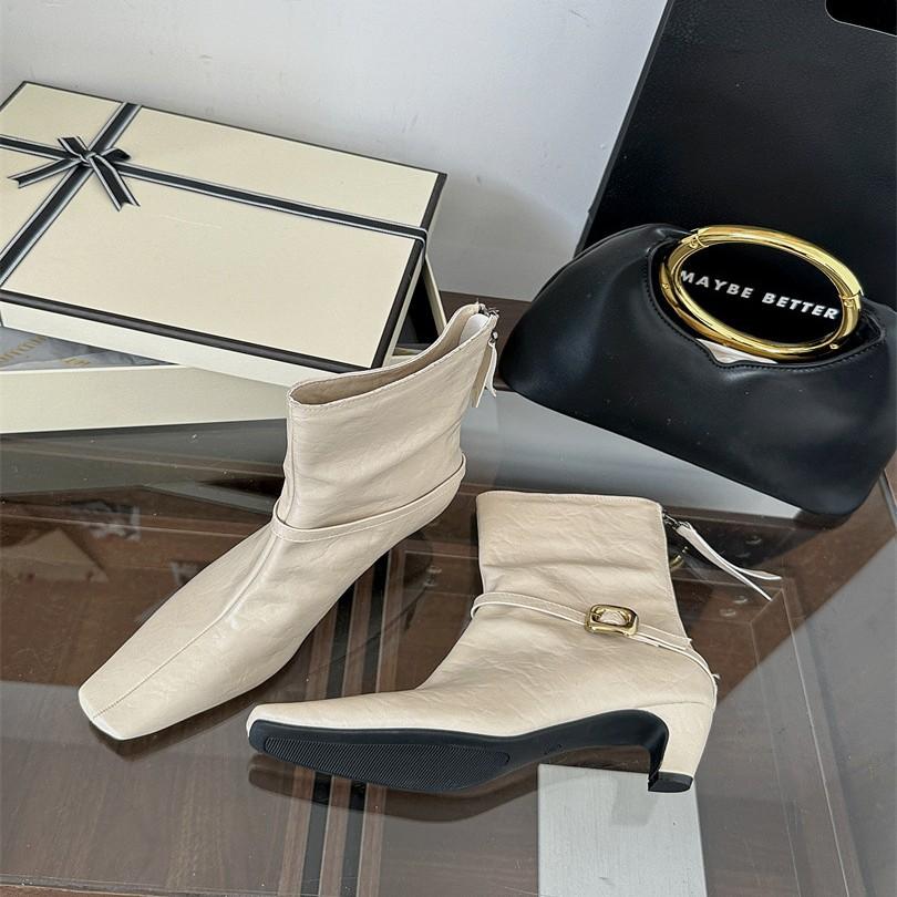 Belt Buckle and Bare Boots Women's Short Boots Autumn New Products Inside and Outside Head Middle Heel Rear Zipper Women's Single Boots