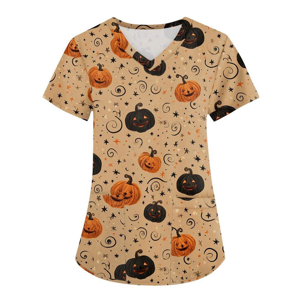 Women's Printing Uniform Work Uniform V-neck Pockets Basic Short Sleeve Pullover Top