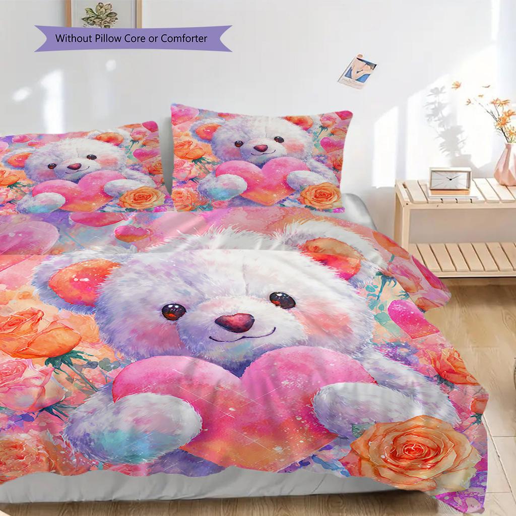 Bear Doll Pattern Bedding Quilt Set Quilt Cover Pillowcase Home Decoration Birthday Gift (1 * duvet cover + 2 * pillowcase, without core)