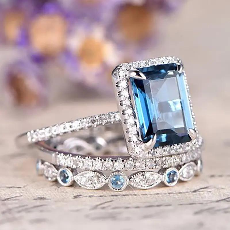 Huitan Luxury 3Pcs Set Blue Cubic Zirconia Rings for Women Newly Designed Luxury Female Ring Anniversary Party Statement Jewelry