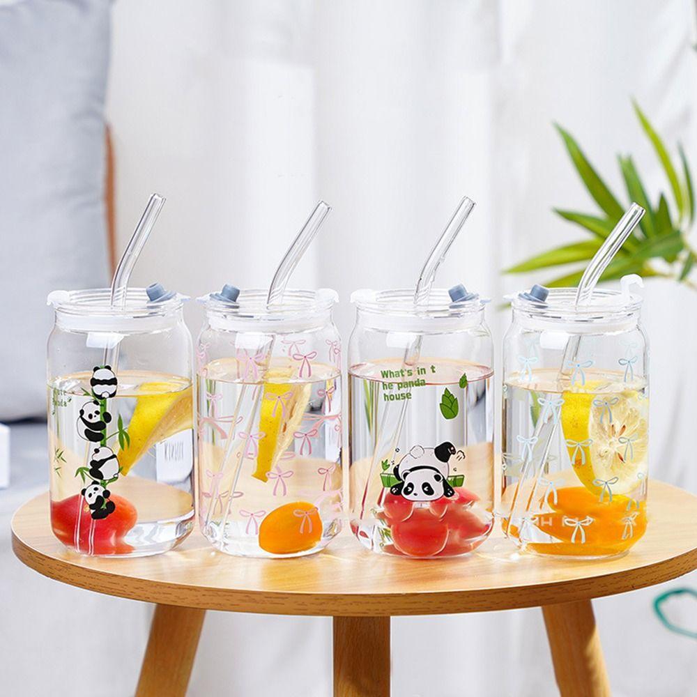 Stylish 500ML Bow Cups High Temperature Resistant With Lids Bowknot Glasses Glass Straw Cups for Drinking Milk