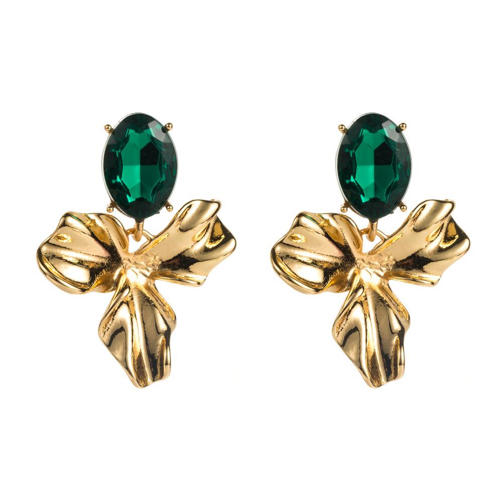 Vintage Emerald Temperament Exaggerated Flower Earrings With Silver Needles And Diamond Inlaid Resin High-end Earrings
