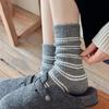 Korean Wool Heart Embroidery Socks - Double Ribbed, Bow Striped, Thick Fleece Lined, Warm Gray Crew