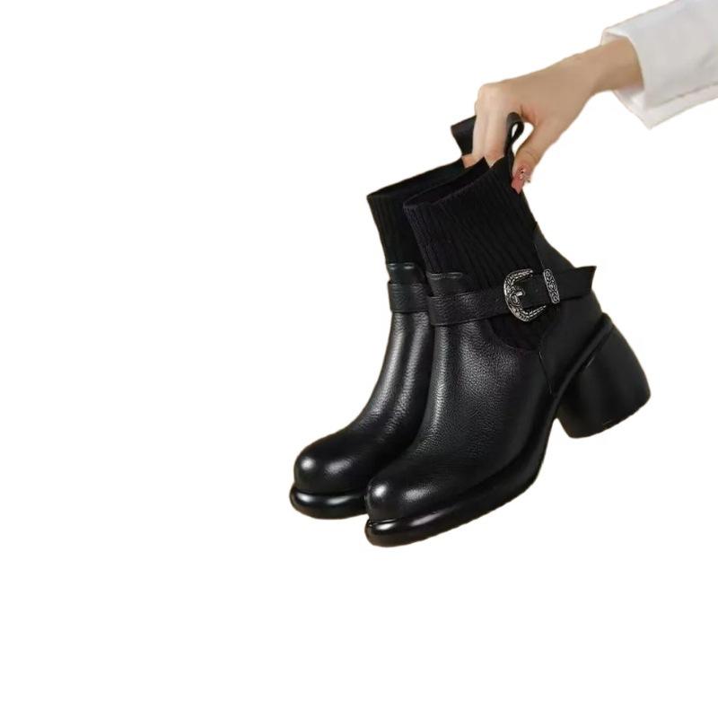 Thick-soled Women's Shoes,Soft Leather, Chunky Heels, Slim Stretch Boots, New High-heeled Ankle Boots