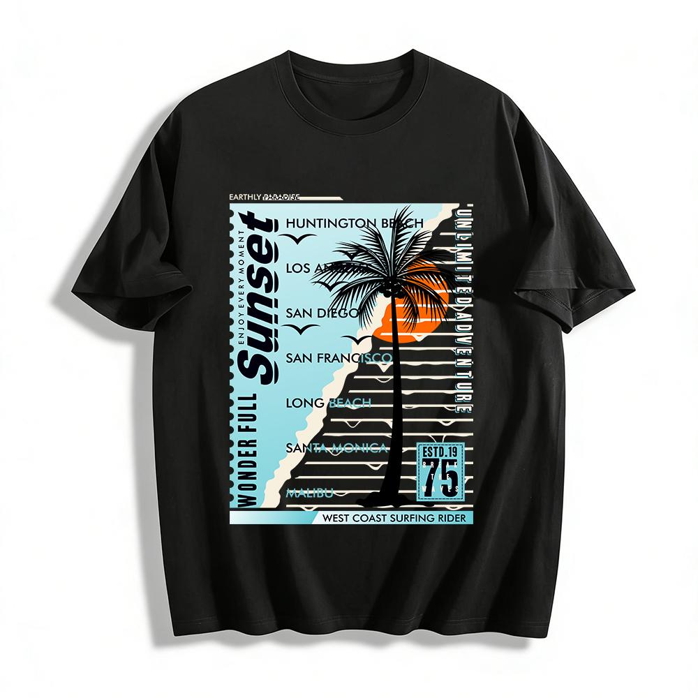 West Coast Surfing Rider Coconut Tree Sunset Print Casual Tee Pure cotton T-shirt XXS