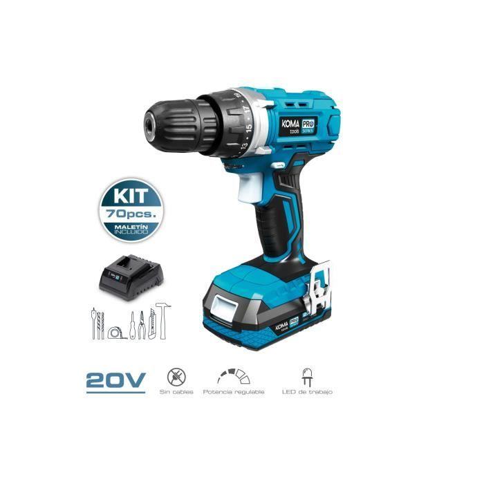 Kit Perceuse Visseuse 20v Avec 70 Accessoires - Koma Tools - 2 Vitesses Variables - Mandrin sans Clé de 10mm