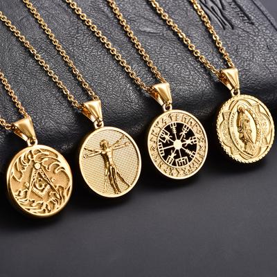 Vintage Stainless Steel Round Pendants Necklace for Women Men Gold Color Chain Charms Religious Metal DIY Jewelry Accessories